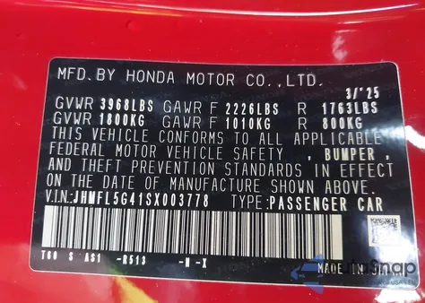 2025 Honda Civic Type R z USA, uszkodzony, nr VIN JHMFL5G41SX003778
